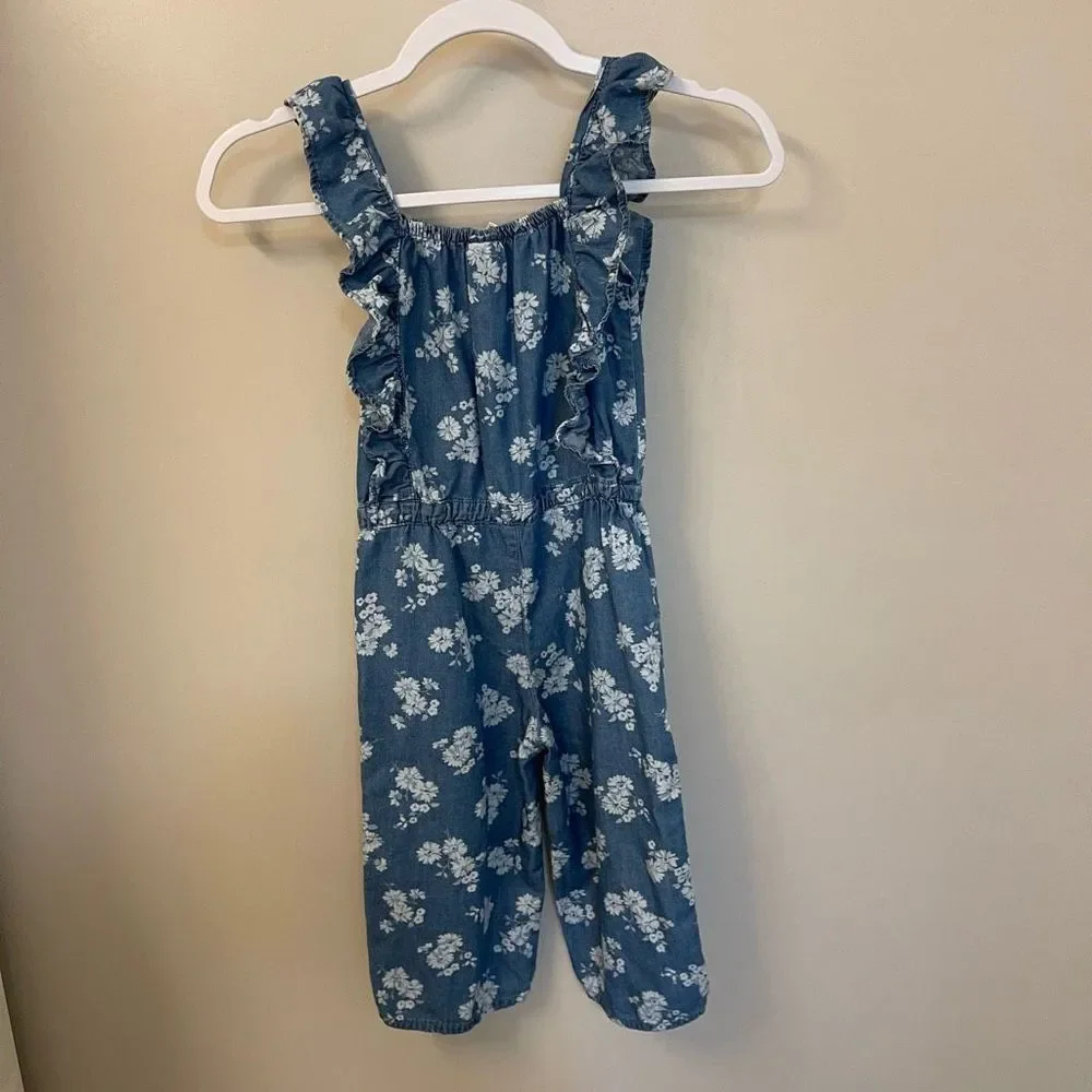 OshKosh Girls Ruffled Chambray Floral Jumper Sz 4T